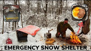 Solo Overnight Building an Emergency Shelter in The Snow and Steak with Eggs