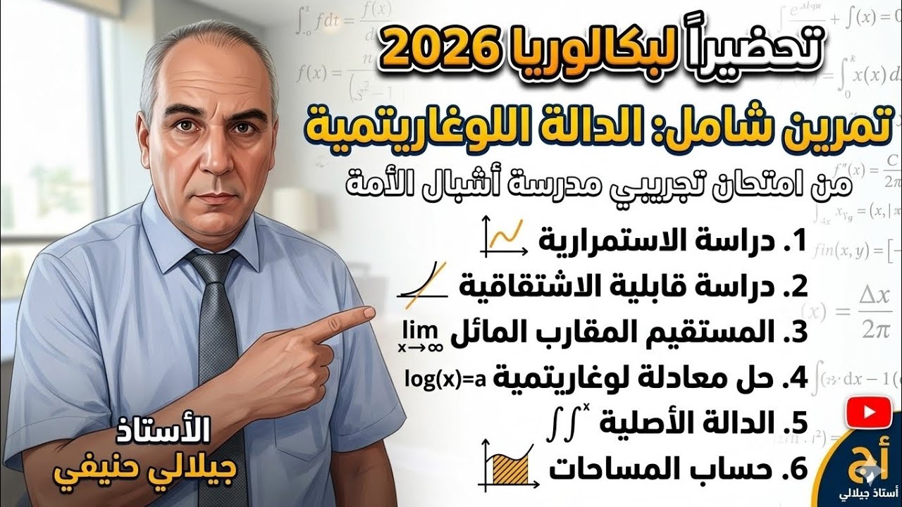 سلسلة تمارين مراجعة الأيام الاخيرة: 13ـ تمرين دالة لوغاريتمية مدرسة اشبال الامة 