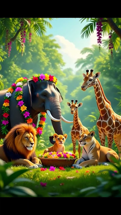 Wild animals celebrating a colorful festival in lush green jungle, elephants, lions, giraffes