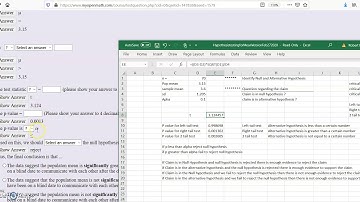 Hypothesis Testing excel mean right tail p vs alpha