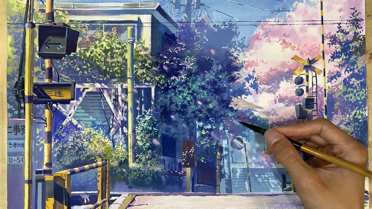 不透明水彩】爆肝300分钟还原《秒速五厘米》场景，叫我声小新海诚不过
