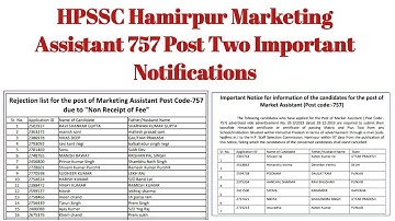 HPSSC Hamirpur Marketing Assistant 757 Post Code Rejection List & Online Document Submission