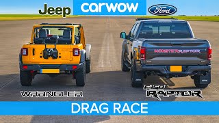 Ford F150 Raptor vs Jeep Wrangler – DRAG RACE, ROLLING RACE \& BRAKE TEST