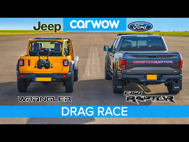 ford f150 raptor vs jeep wrangler drag race rolling race brake test
