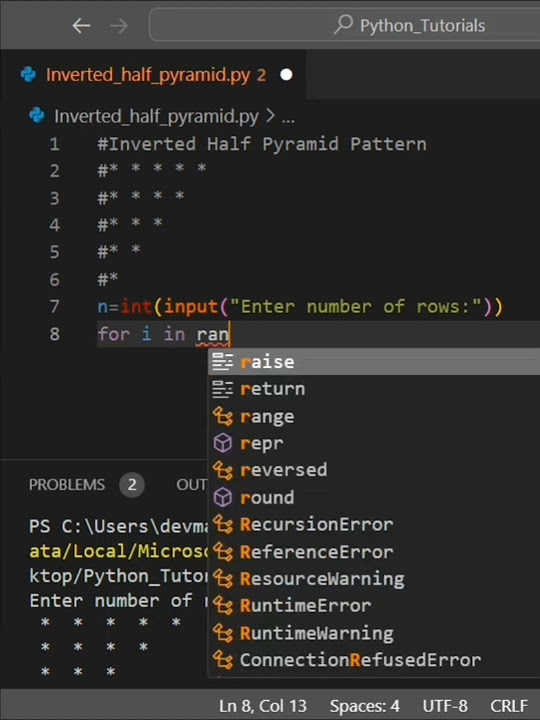 Python program to print inverted half pyramid of stars pattern ...