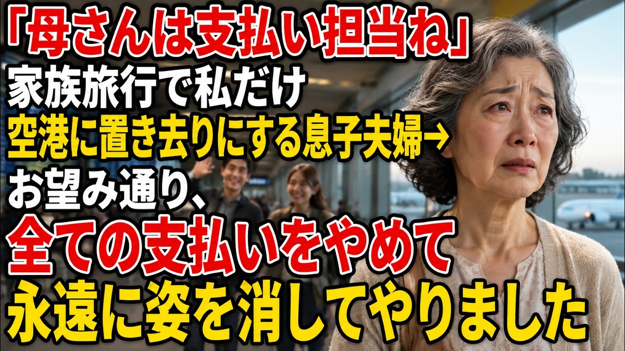 「お母さんは支払い担当でしょ。」成田空港の出発ロビーで、嫁が笑顔で言ったその言葉に、私は息が止まりそうになった。3ヶ月前から楽しみにしていた家族旅行。200万円の旅費も、老後のために貯めたお金から全額払った。なのに、航空券は3人分しかない。孫の優馬が「おばあちゃん、内緒ってママが…」と泣き出した時、私は全てを悟った。息子は目をそらし、「母さんは外の人だから」と妻の言葉を黙って聞いていた。45...