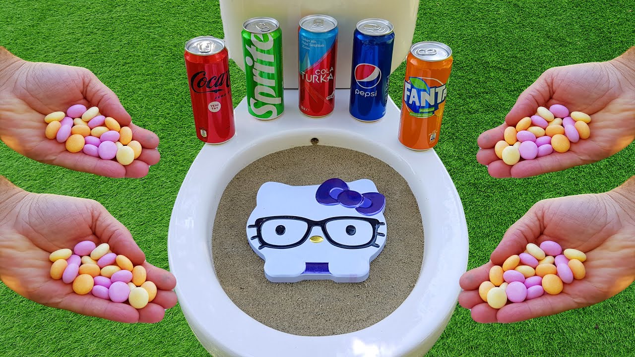 Experiment !! Big HELLO KİTTY eruption from hole, Coca Cola, Pepsi ...