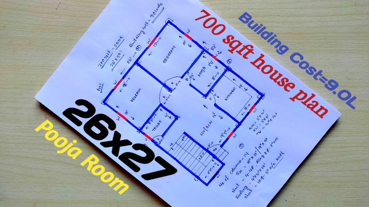 700 Sq Ft South Facing 2Bhk Indian House Plan With Pooja Room|26*27 Vastu  Building Drawing - Youtube