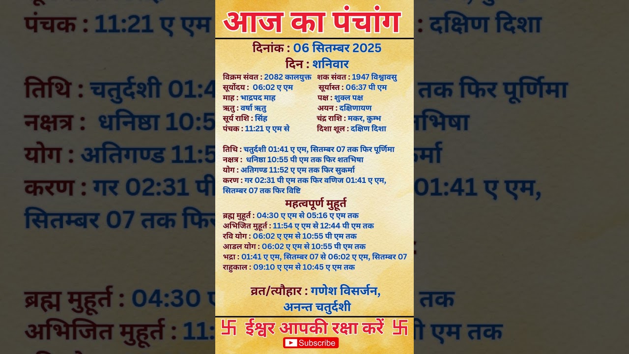 06 September 2025 |Aaj Ka Panchang |आज का पंचांग|