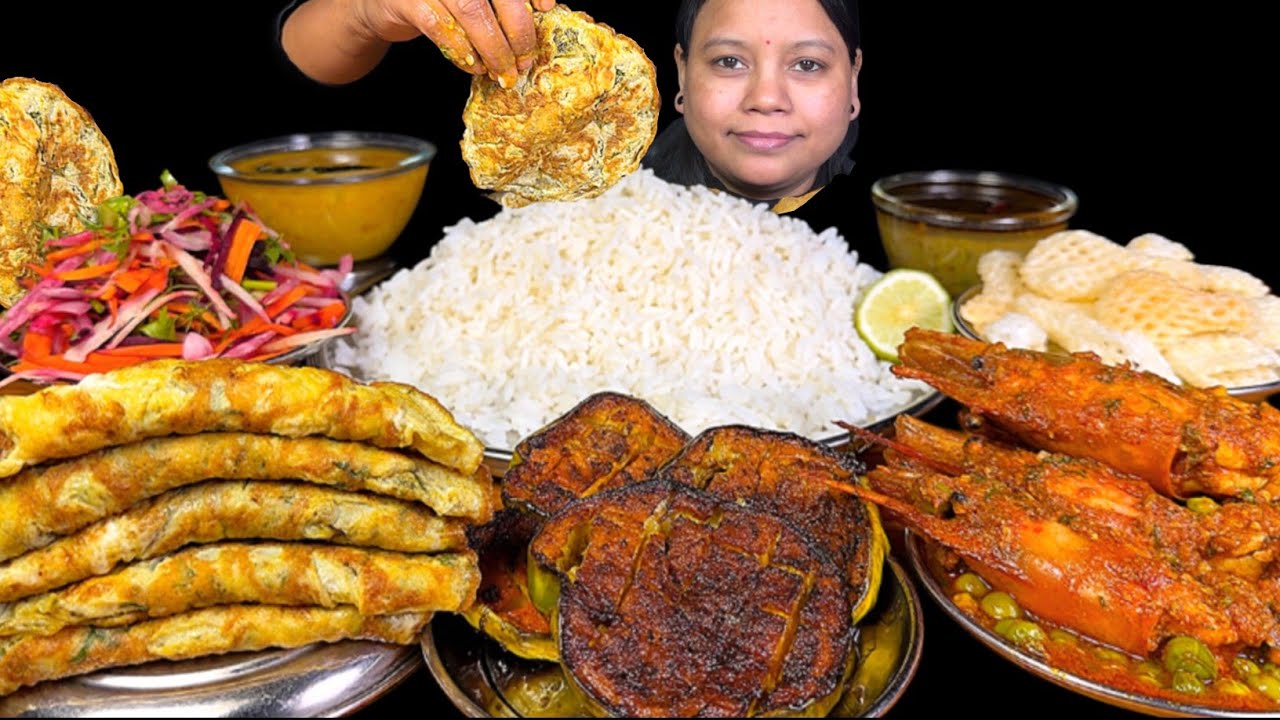 EATING DAL CHAWAL MATAR NIMONA EGG OMELETTE PRAWNS CURRY, BAIGAN FRY & SALAD | EATING SHOW | MUKBANG