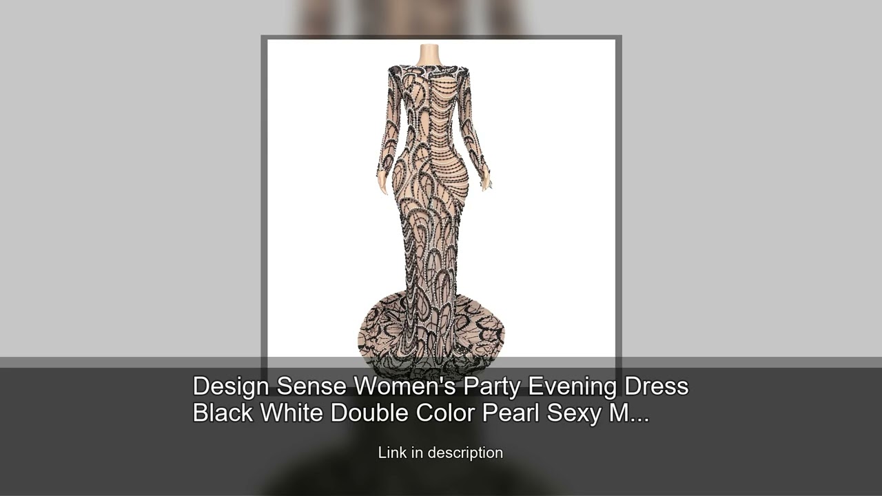 Design Sense Women's Party Evening Dress Black White Double Color Pearl Sexy Mesh Perspective C