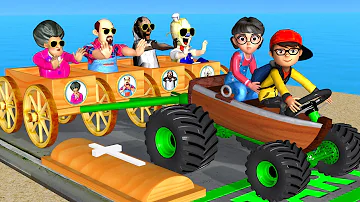 Scary Teacher 3D vs Squid Game Trying Monster Boat Flying Challenge with Balloon Mask and Bicycle