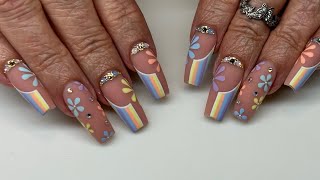 Summer Flower and French Stripe Nail Art