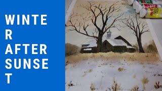 winter after sunset in watercolour