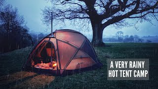 Solo Camping in the Rain with a Huge Hot Tent | Wood Stove Cooking