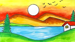 Cách vẽ tranh đề tài phong cảnh quê hương lúc bình minh | how to draw easy sunrise scenery