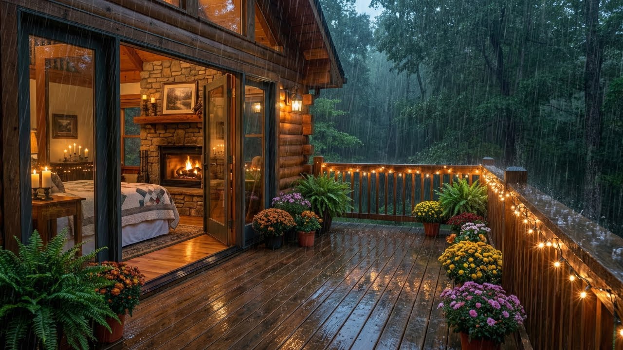 Rainy Cabin Night | Fireplace Ambience & Rain Sounds for Deep Sleep and ...