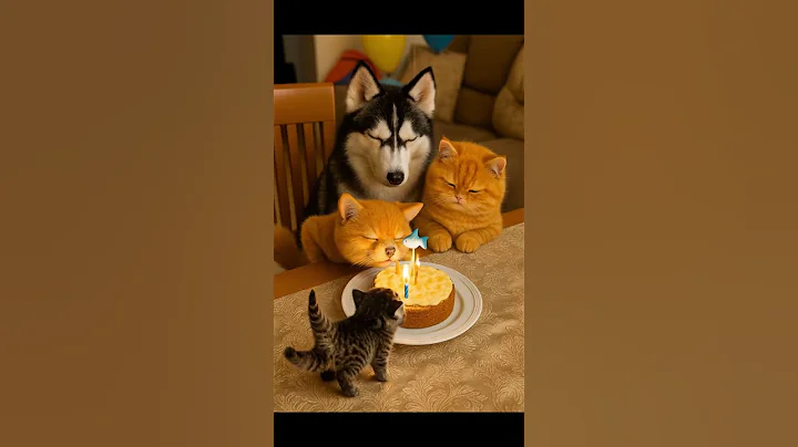 Kitten’s Birthday Party with Friends Eyeing the Cake ! Many Candles ! #cat