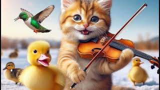 AI Photos Cat plays Violin & baby Duck in Snow, art therapy healing to have good mood, eyes light up