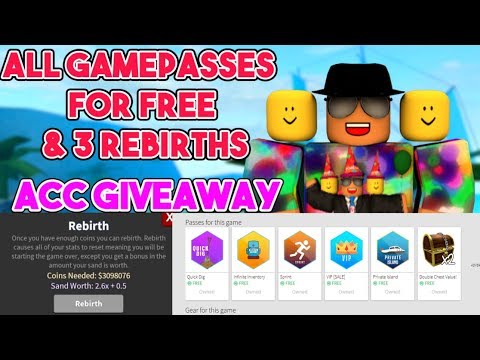 Roblox Treasure Hunt Simulator All Gamepasses For Free 3 Rebirths Acc Giveaway - roblox get all gamepasses from a game
