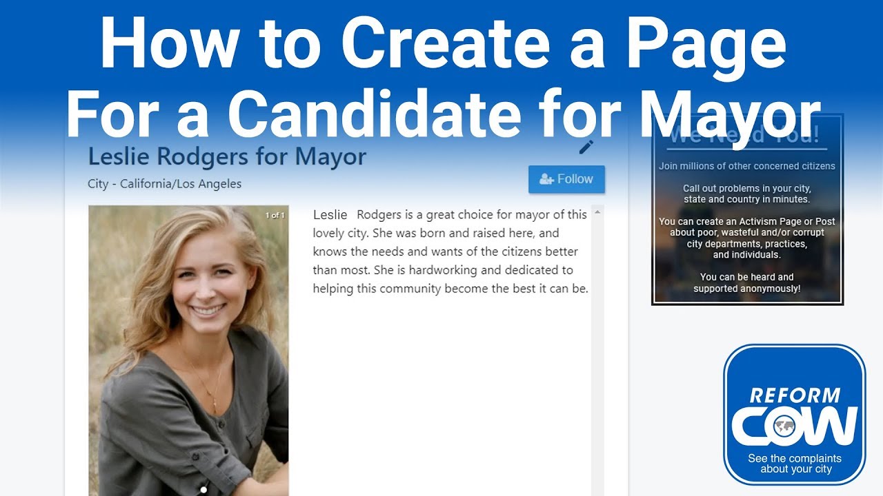How to create a election campaign ad page online use w/ YouTube FREE with ReformCOW