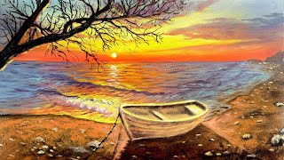How to Paint Sunset Beach & Boat Easy Acrylic Tutorial for Beginners #003 Update