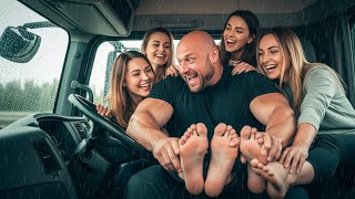 Strongman Vs 3 Ticklish Girls Tickle Feet Challenge Rainy Truck Edition
