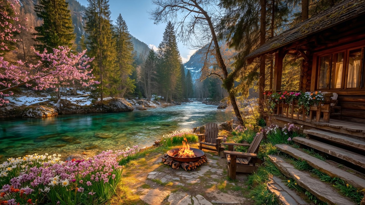 Spring in Its Quietest Form 🌸 Riverside Cabin, Birds & Flowing Water Sounds