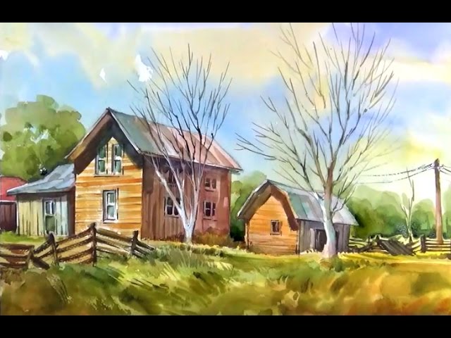 Watercolor Painting The Old Houses On, Farm House Paintings