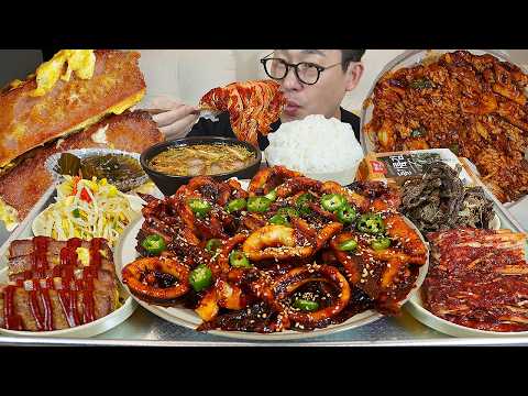 기사식당느낌으로🚕! 밥도둑 밑반찬들과 🔥불맛입힌 매운오징어볶음 소면 먹방 Spicy Stir-fried Squid MUKBANG