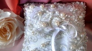 Fancy Beadwork - Ameynra wedding ring pillows - pearl beads, crystals, lace