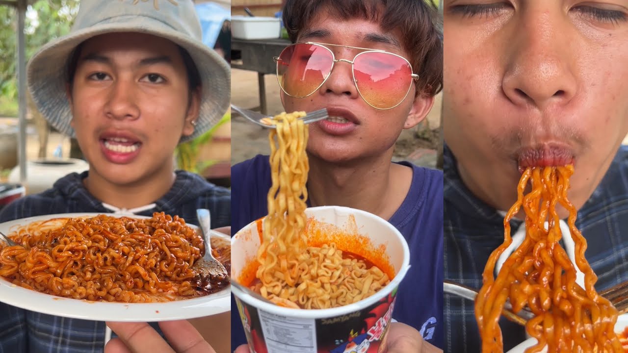 មកធ្វេីមីកូរ៉េ ញុាំទៀតហេីយ មីគោកនិងមីទឹក / eating noodles 🍜 so spicy 🌶️