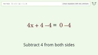 Linear equation with one unknown: Solve 7x+5-3x-1=0 step-by-step solution