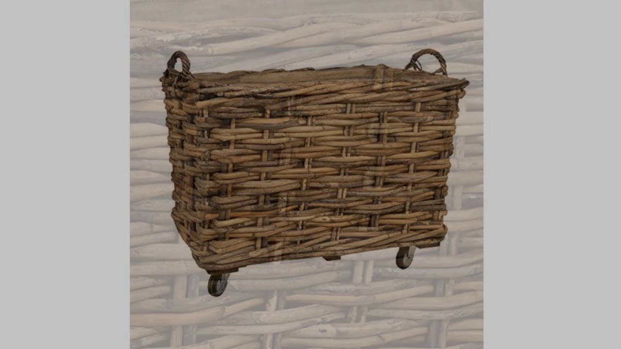 Bamboo Rattan Rectangle Large Storage Log Basket with Wheels & Hoop