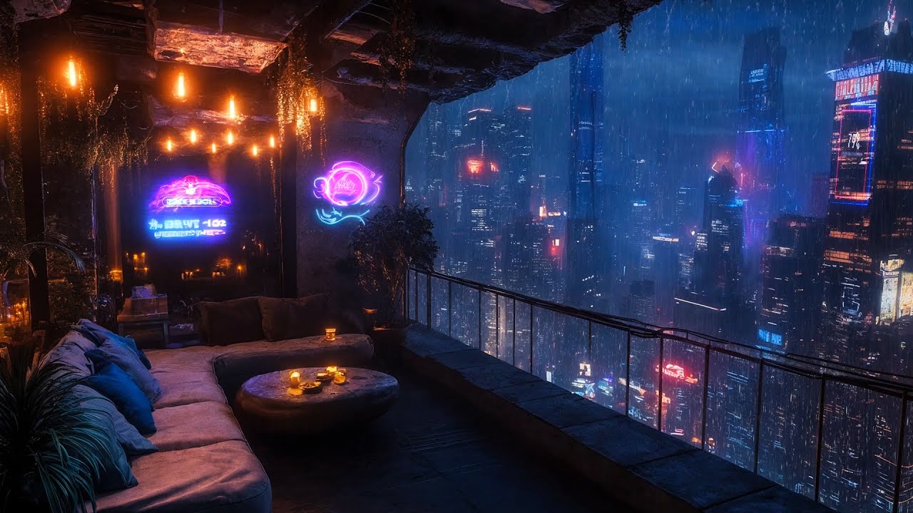 ☔ Heavy Rain on Balcony Cyberpunk Apartment - Deep Sleep, Focus Noise