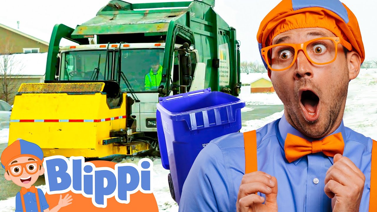 Recycling with BIG GARBAGE TRUCKS and Blippi! Earth Day Good Habits