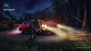 Cinematic Photo Manipulation | Photoshop Tutorial / dramatic night forest and classic car