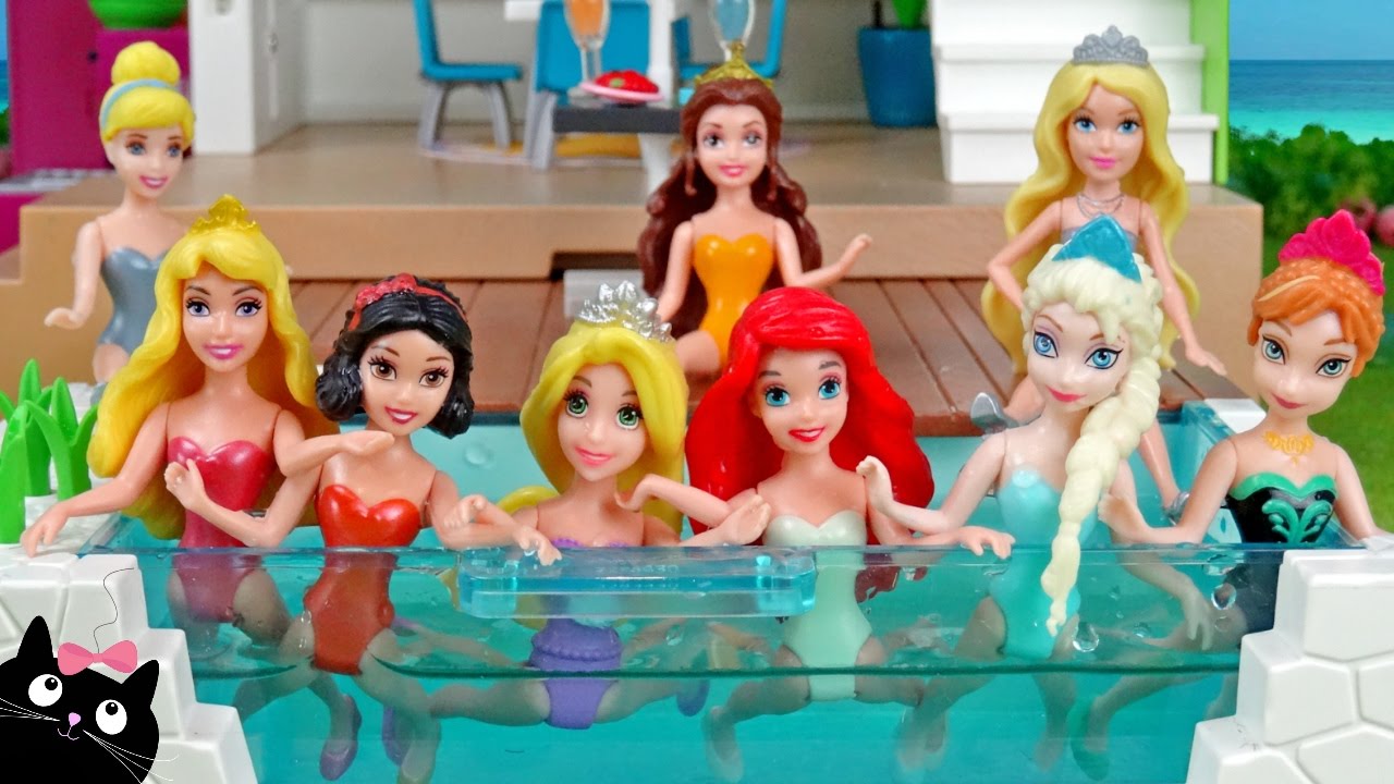 Absay Pero Limo Fiesta en la Piscina de las Princesas Disney y Barbie en la Casa Villa de  Playmobil - Cat Juguetes - YouTube