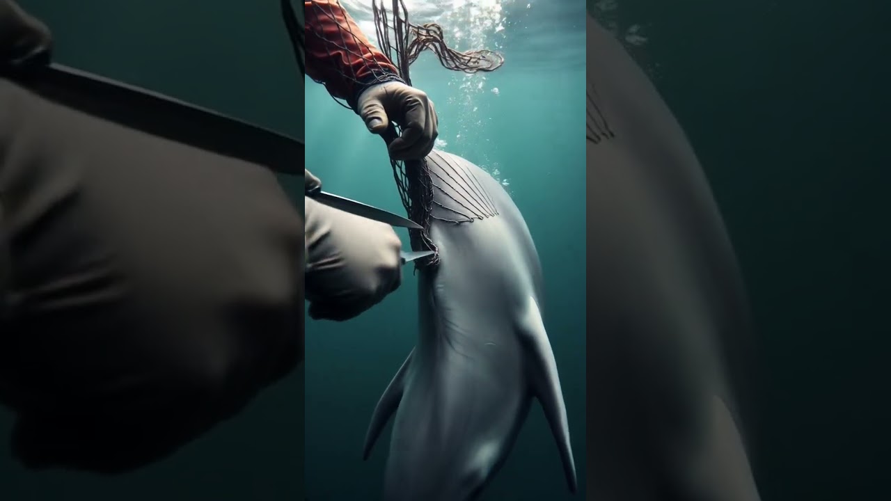 Divers free dolphins trapped in abandoned fishing nets underwater