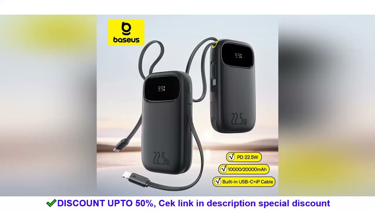 Baseus 22.5W 10000mAh 20000mAh Power Bank Built-In Retractable USB-C & Lightning Cable for iPhone 16