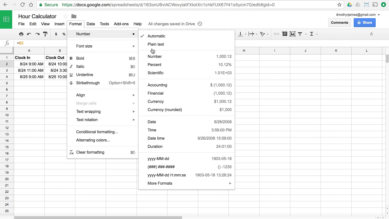 google spreadsheet how much money i make per hour