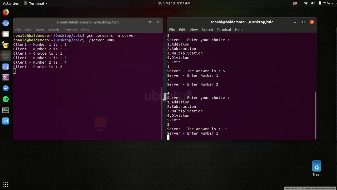 TCP/IP Client Server Calc written in C. - YouTube