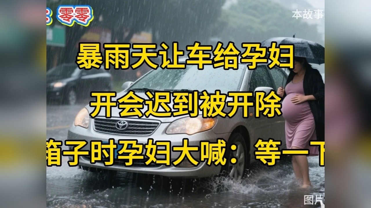 暴雨天让车给孕妇，开会迟到被开除，抱箱子时孕妇大喊：等一下！