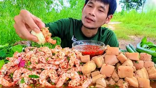 ASMR MUKBANG EATING MASSIVE Pork Belly with Shrimps 🦐🍤🍤 AND green VEGETABLES salad 🥗