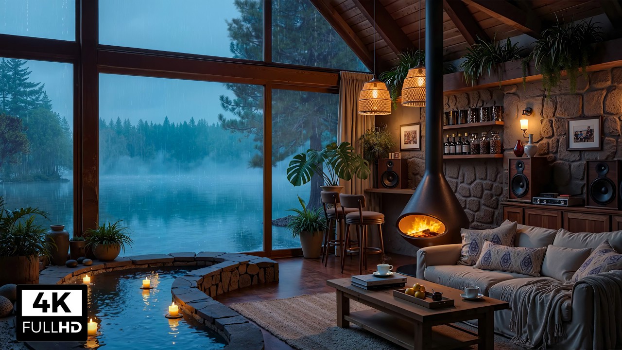 Rainy Jazz Music 🌧 Spring Coffee Shop Ambience by Lakeside &  Jazz Instrumental Music for Relaxing