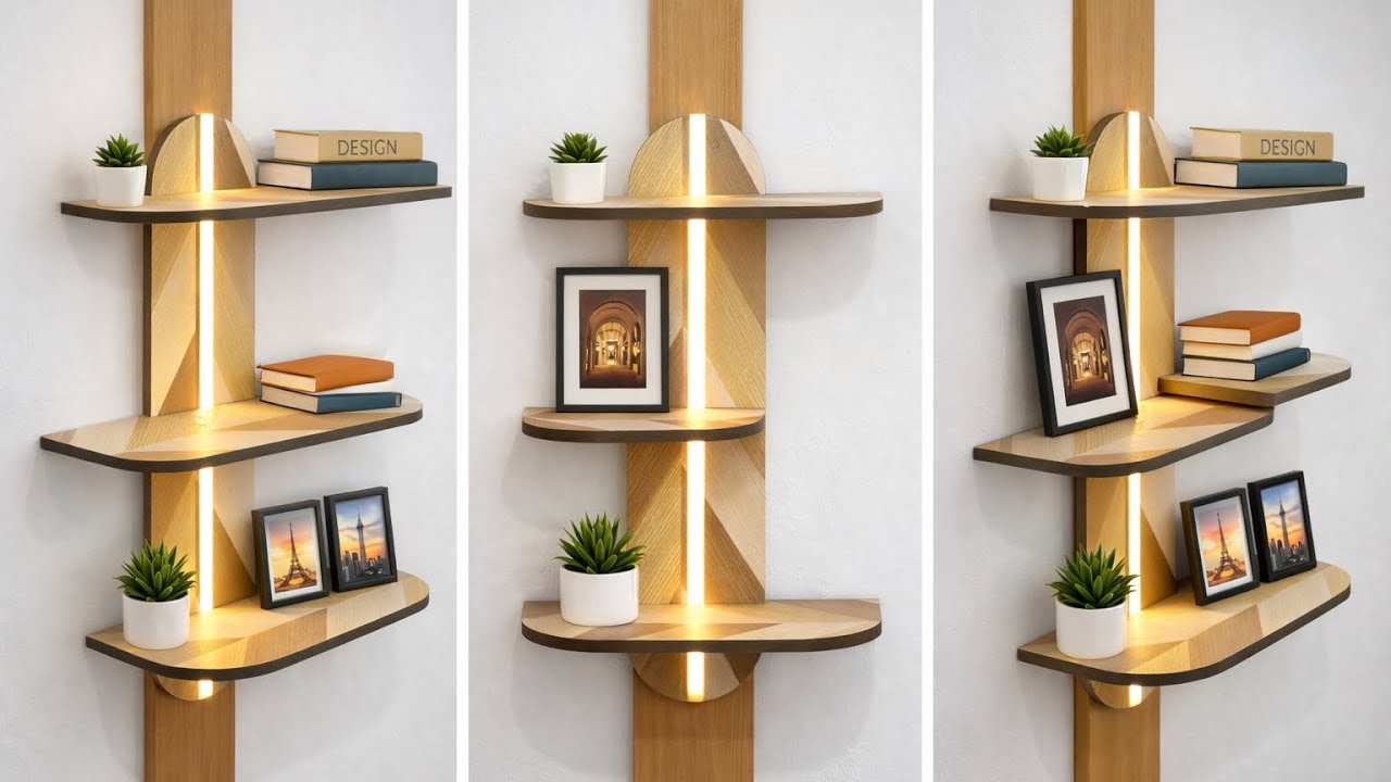 Modern Zig Zag Wooden Wall Shelf with LED Light | MDF Check Design | DIY Wall Shelf Build