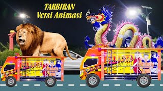 Animation of a lion and dragon riding a truck at the Takbiran Eid al-Fitr carnival