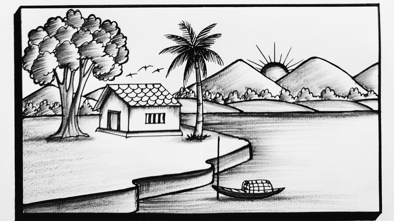 How To Draw Simple Village Scenery|Landscape Scenery Drawing|House Drawing|Sunrise Scenery Drawing
