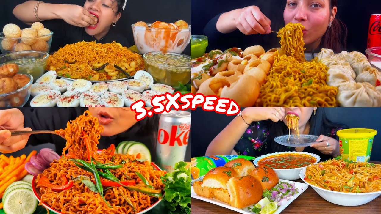 ASMR :Eating Spicy Maggi Momos Pani puri Pav Bhaji Boiled Egg  Chilli Salad MUKBANG 3.5X 