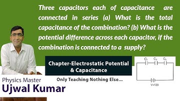 Three capacitors each of capacitance  are connected in series (a) What is the total capacitance of t